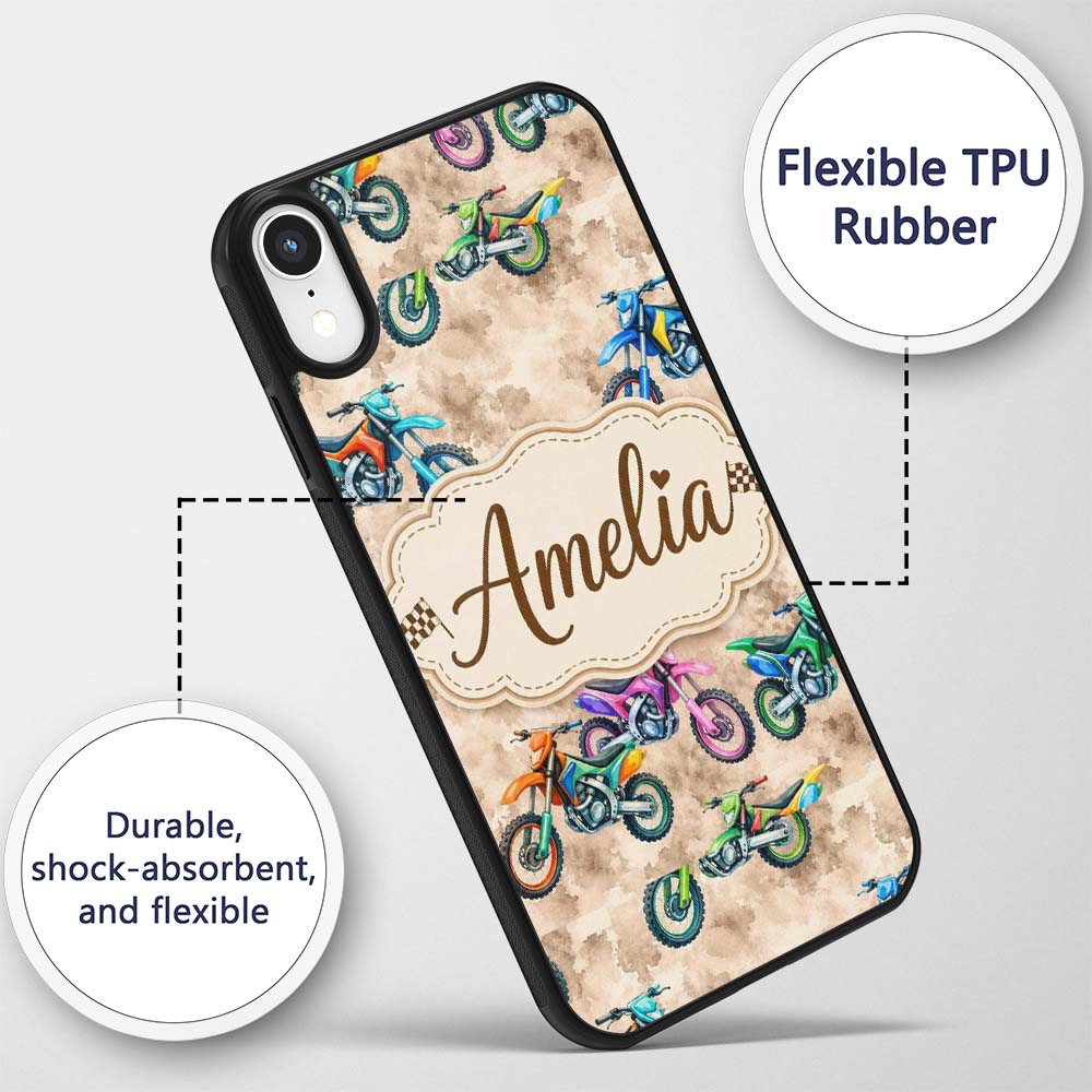 Colorful Kids Dirt Bike Motocross Printed Design Custom Name Protective Phone Case Mobile Cover Durable Everyday Smartphone Shock Resistant