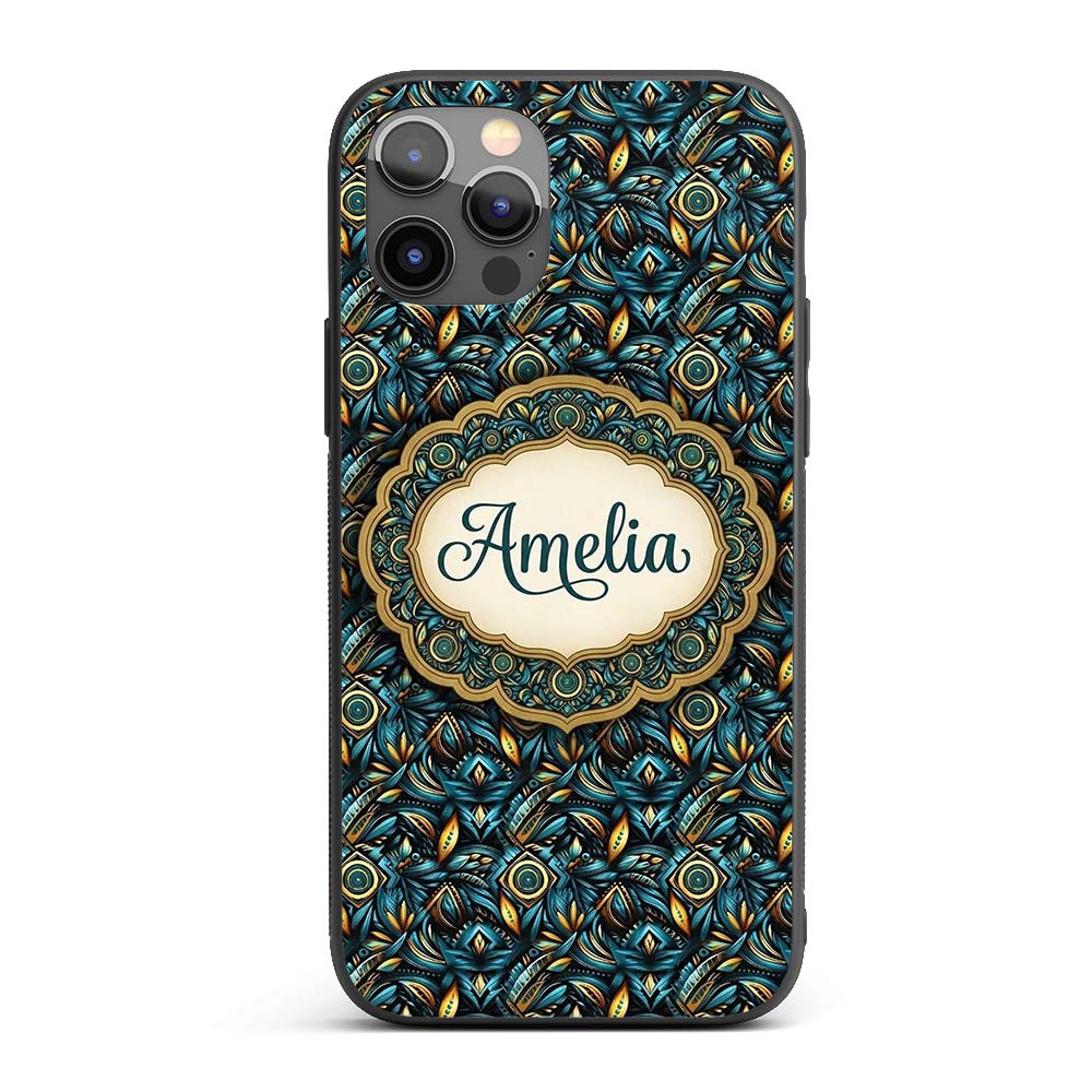 Luxury Teal Gold Geometric Art Printed Design Custom Name Protective Phone Case Mobile Cover Durable Everyday Smartphone Shock Resistant