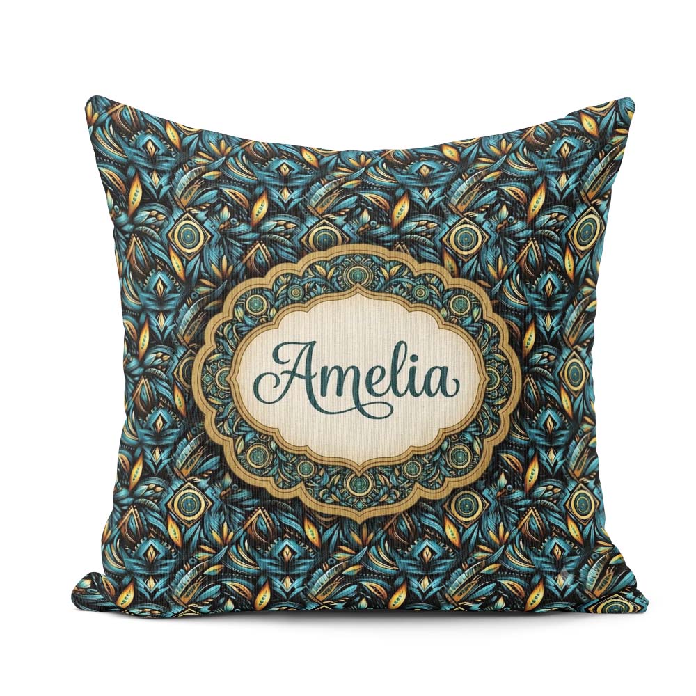 Custom Name Luxury Teal Gold Geometric Art Deco Pattern Seamless Square Filled Cushion Throw Pillow Sofa Bed Home Decor Zip Washable UK Made