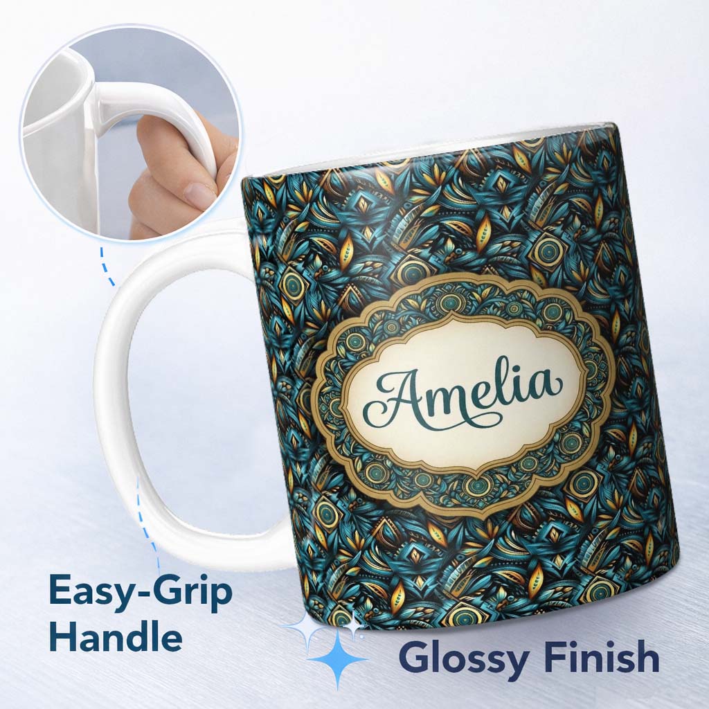 Personalized Custom Name Luxury Teal Gold Geometric Art Deco Floral Pattern Seamless Name 11oz Ceramic Coffee Tea Mug White Large Handle