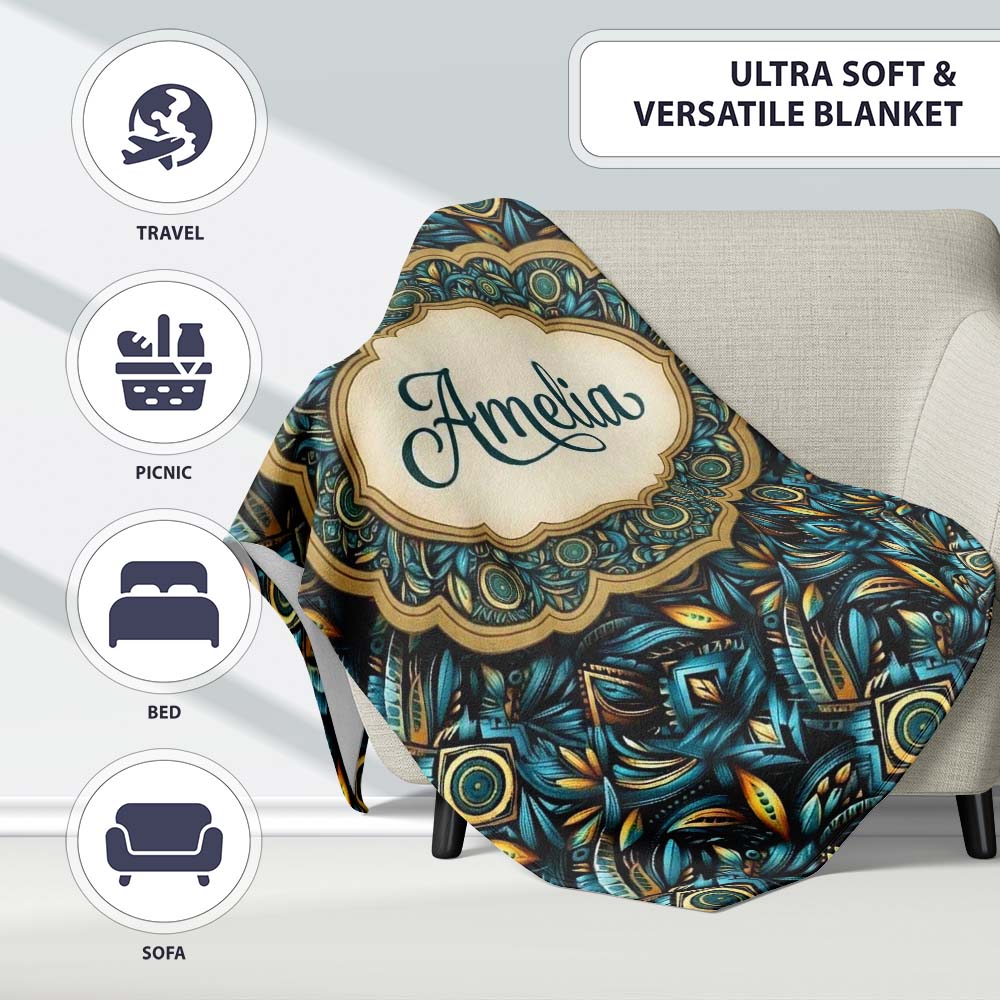 Luxury Teal Gold Geometric Art Deco Floral Pattern Seamless Name Personalised Custom Name Super Soft Fleece Blanket Bed Sofa Throw