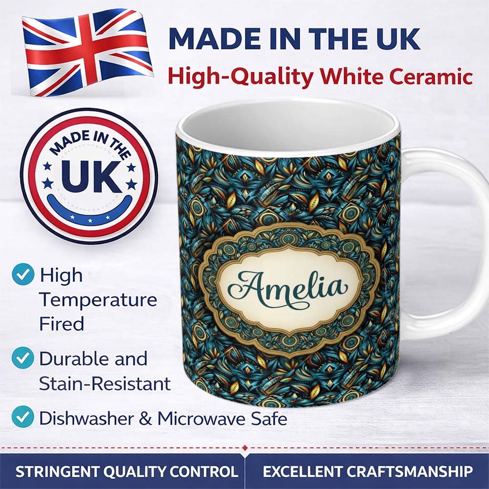 Personalized Custom Name Luxury Teal Gold Geometric Art Deco Floral Pattern Seamless Name 11oz Ceramic Coffee Tea Mug White Large Handle