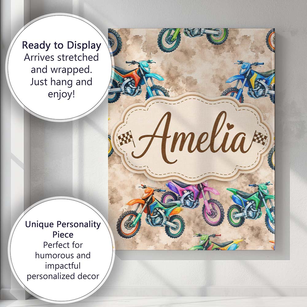 Personalised Name Colorful Kids Dirt Bike Custom Unique Gift Idea Elegant Feature Canvas Wall Art Print Decor Picture Ready to Hang