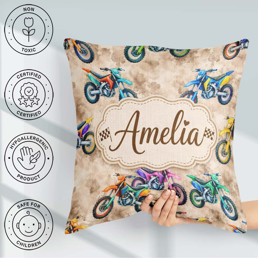 Custom Name Colorful Kids Dirt Bike Motocross Seamless on Beige Square Filled Cushion Throw Pillow Sofa Bed Home Decor Zip Washable UK Made