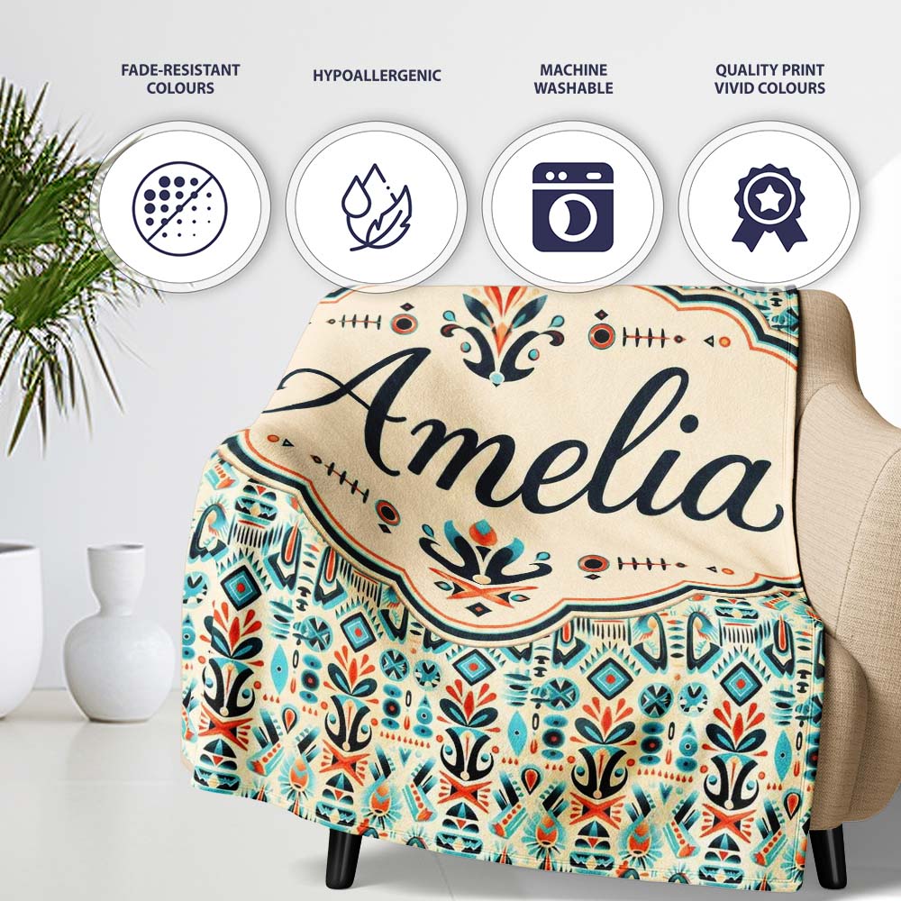 Modern Scandinavian Folk Art Pattern with Floral Shapes Seamless Personalised Custom Name Super Soft Fleece Blanket Bed Sofa Throw