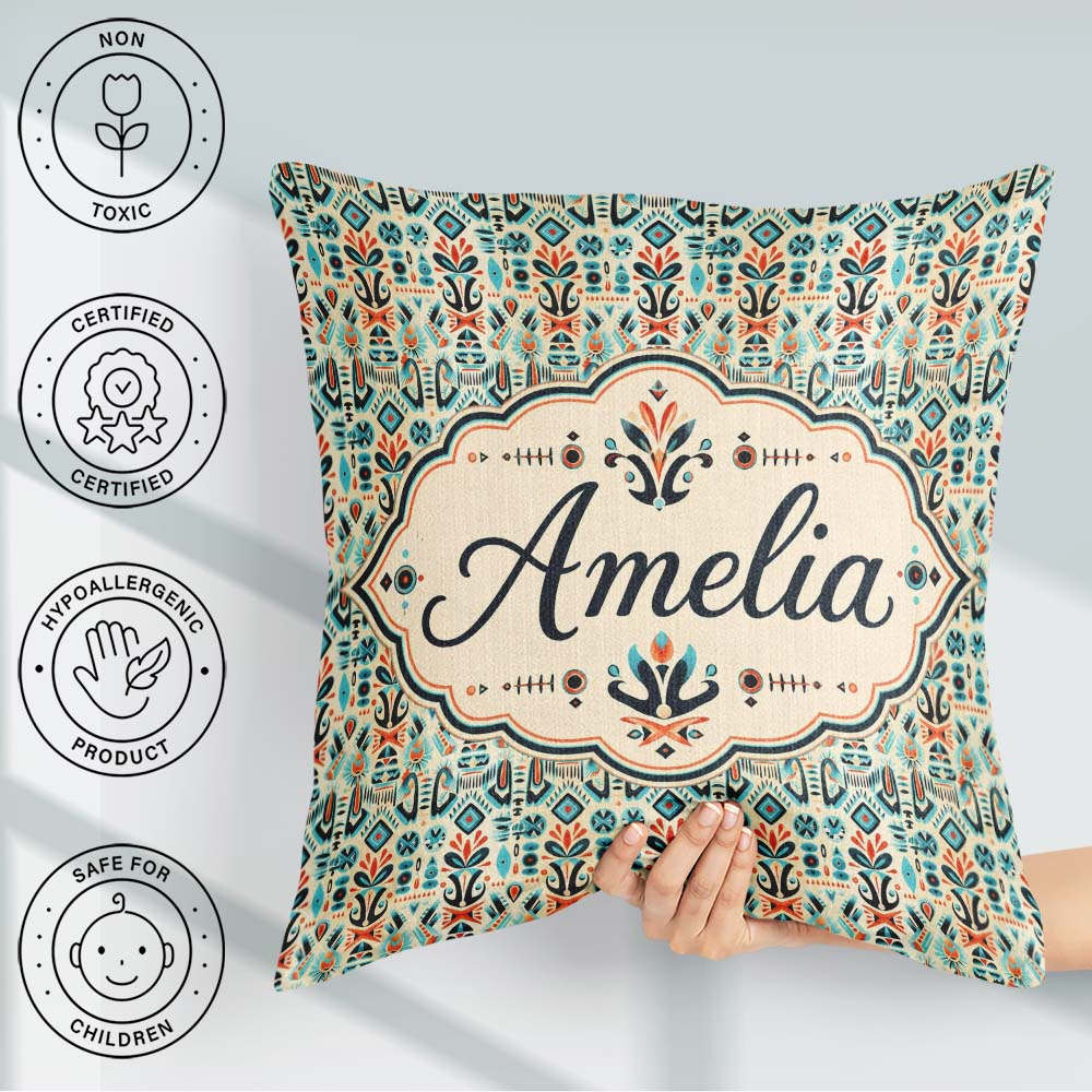 Custom Name Modern Folk Art Pattern with Floral Shapes Seamless Square Filled Cushion Throw Pillow Sofa Bed Home Decor Zip Washable UK Made