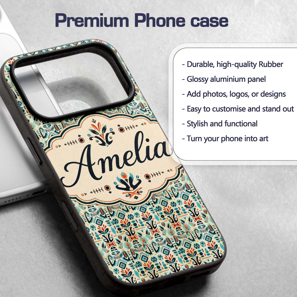 Modern Scandinavian Folk Art Pattern with Floral Custom Name Protective Phone Case Mobile Cover Durable Everyday Smartphone Shock Resistant