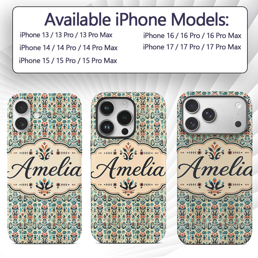 Modern Scandinavian Folk Art Pattern with Floral Custom Name Protective Phone Case Mobile Cover Durable Everyday Smartphone Shock Resistant