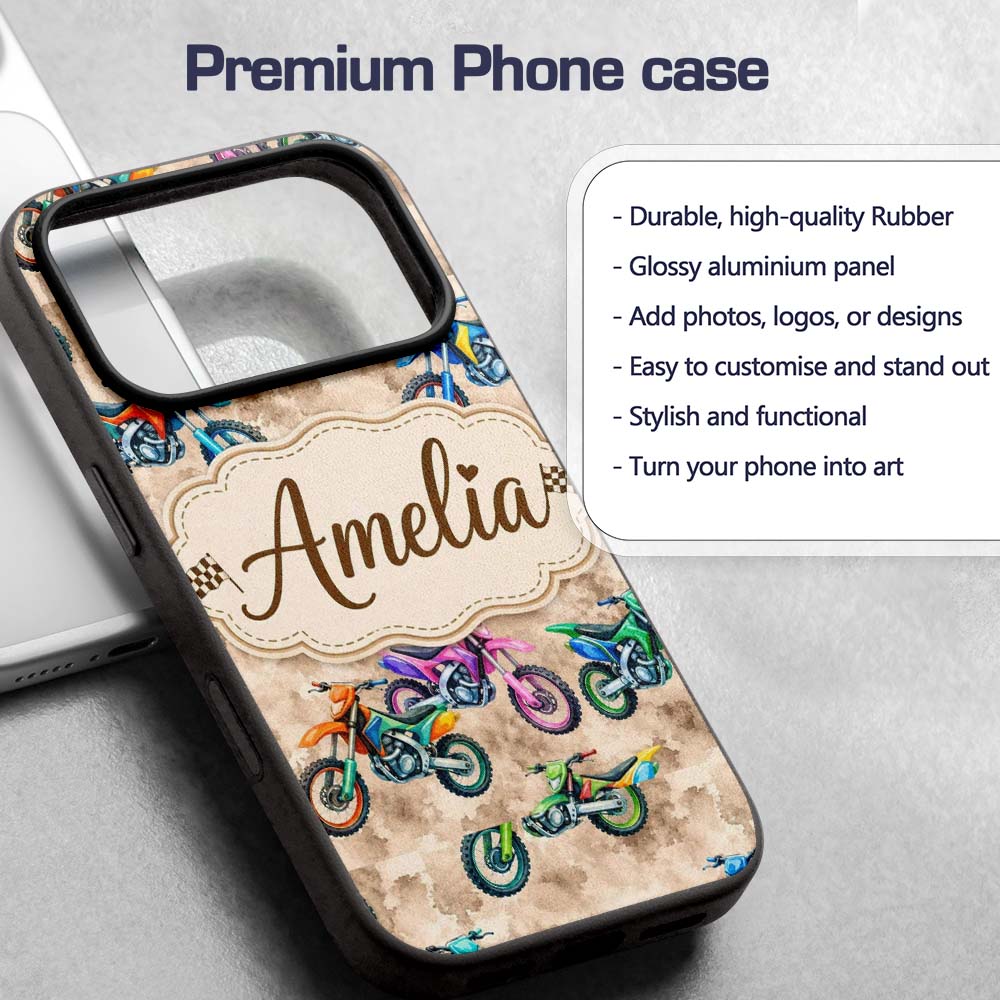 Colorful Kids Dirt Bike Motocross Printed Design Custom Name Protective Phone Case Mobile Cover Durable Everyday Smartphone Shock Resistant