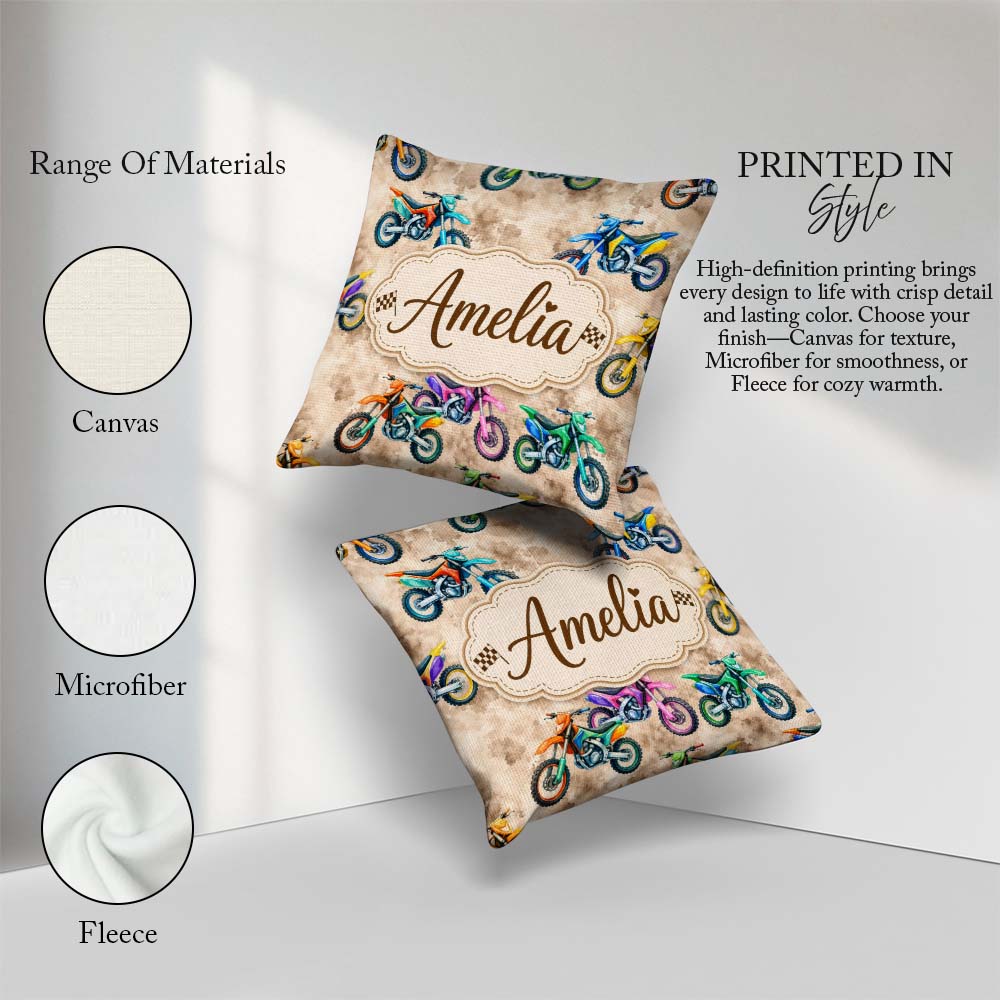 Custom Name Colorful Kids Dirt Bike Motocross Seamless on Beige Square Filled Cushion Throw Pillow Sofa Bed Home Decor Zip Washable UK Made