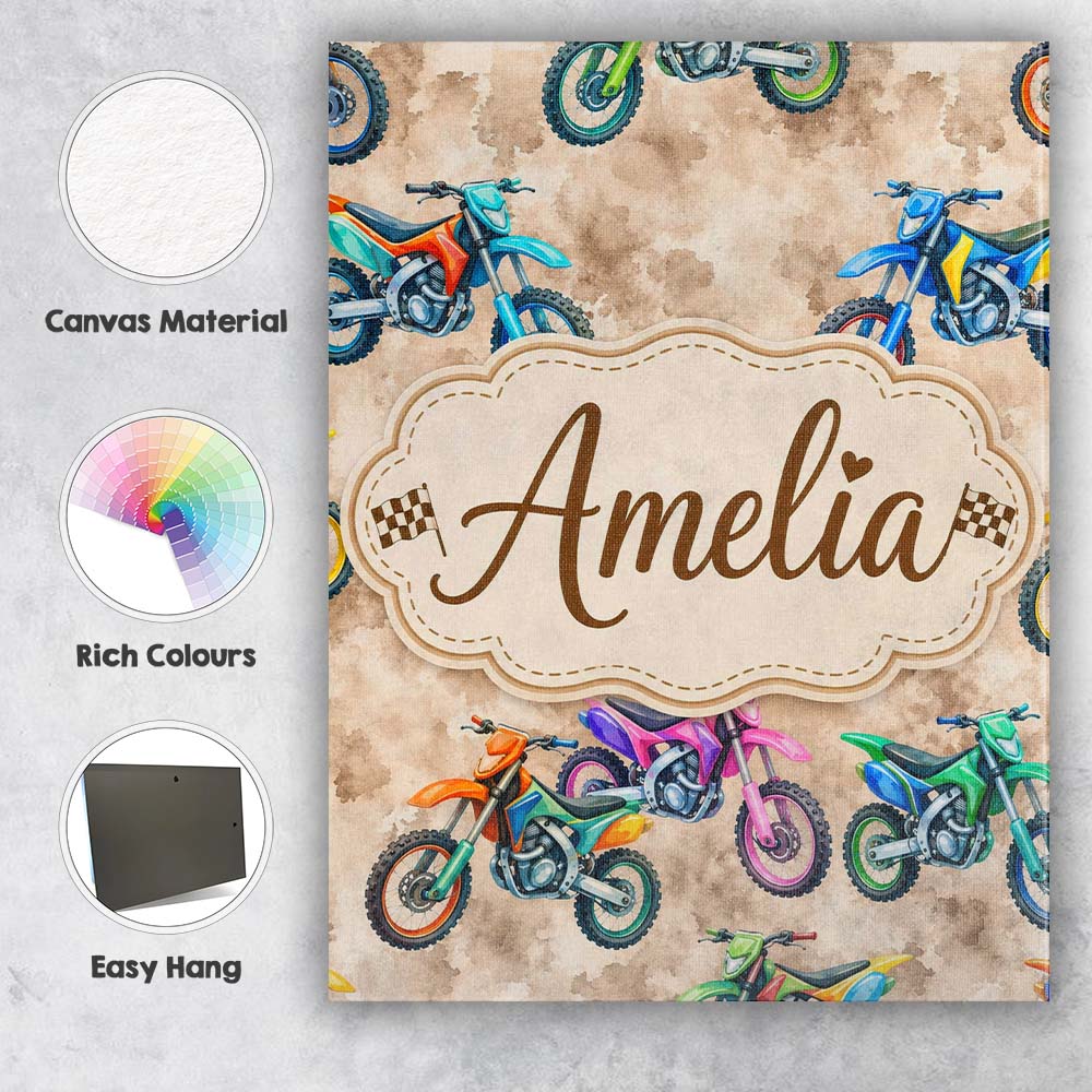 Personalised Name Colorful Kids Dirt Bike Custom Unique Gift Idea Elegant Feature Canvas Wall Art Print Decor Picture Ready to Hang