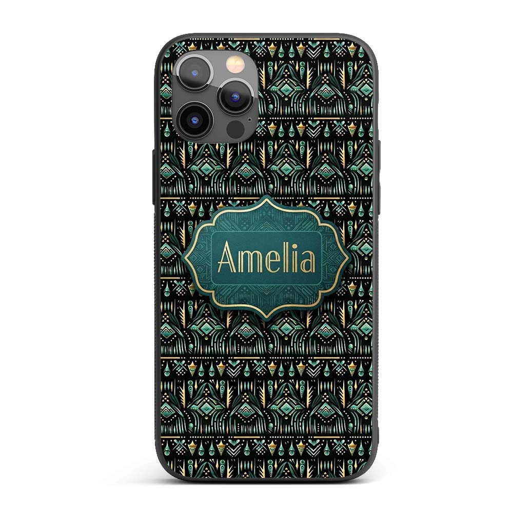 Dark Tribal Geometric Ethnic Pattern in Gold Teal Custom Name Protective Phone Case Mobile Cover Durable Everyday Smartphone Shock Resistant