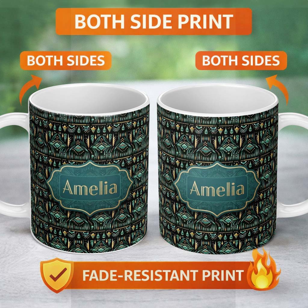 Personalized Custom Name Dark Tribal Geometric Ethnic Pattern in Gold Teal Seamless Name Cute 11oz Ceramic Coffee Tea Mug White Large Handle