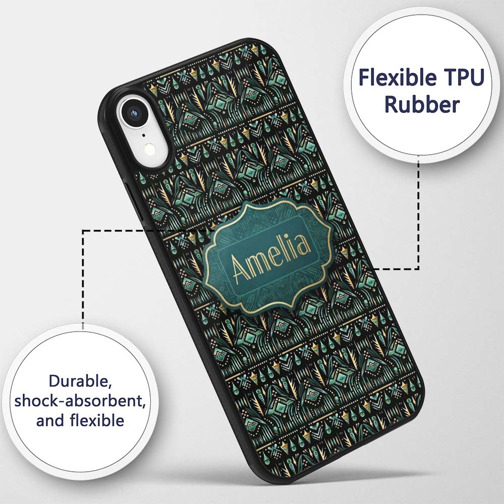 Dark Tribal Geometric Ethnic Pattern in Gold Teal Custom Name Protective Phone Case Mobile Cover Durable Everyday Smartphone Shock Resistant