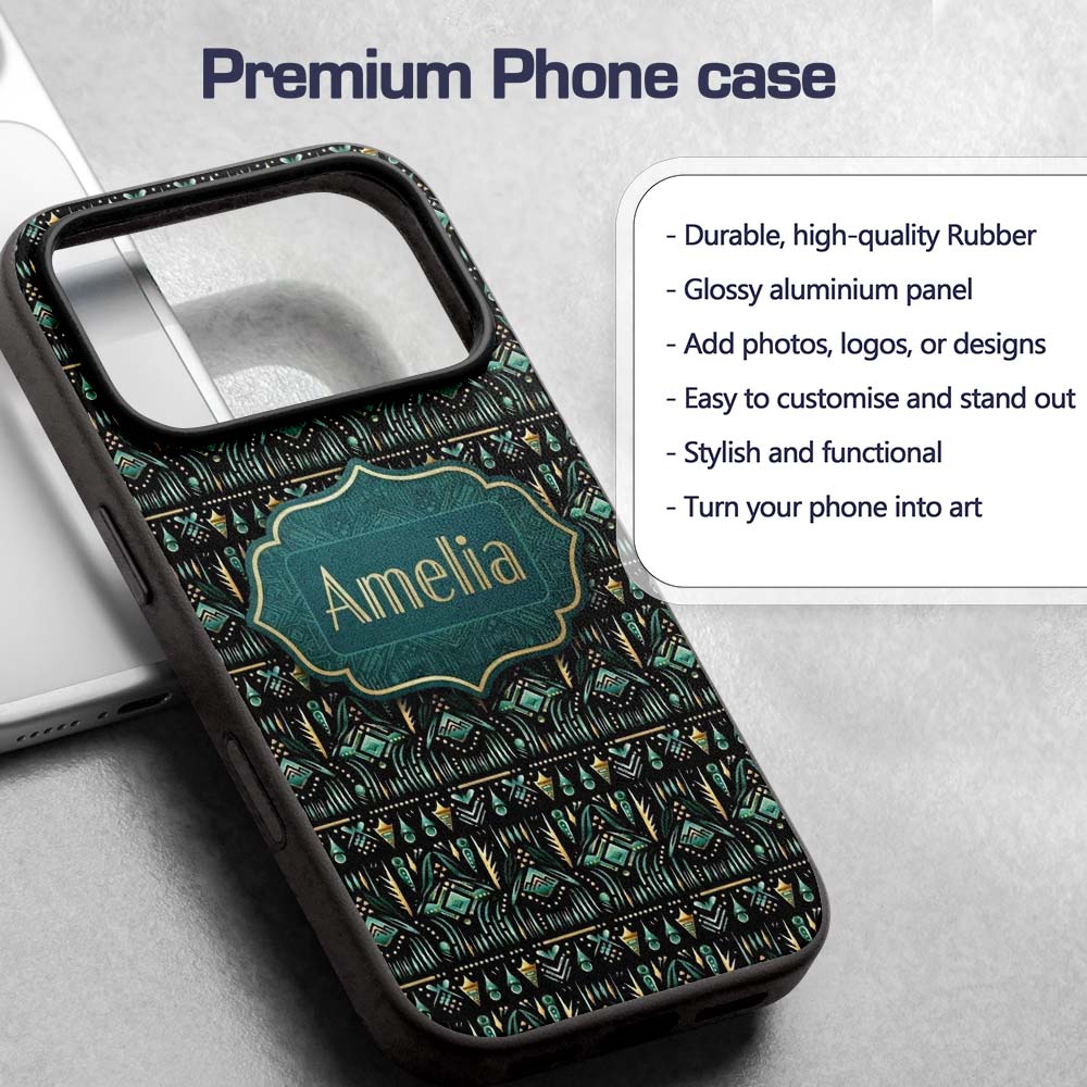Dark Tribal Geometric Ethnic Pattern in Gold Teal Custom Name Protective Phone Case Mobile Cover Durable Everyday Smartphone Shock Resistant