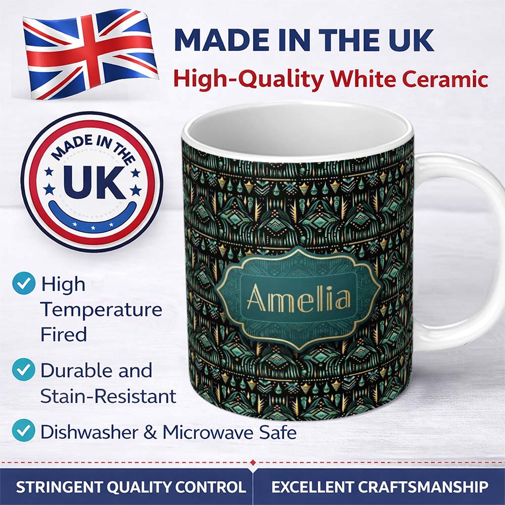 Personalized Custom Name Dark Tribal Geometric Ethnic Pattern in Gold Teal Seamless Name Cute 11oz Ceramic Coffee Tea Mug White Large Handle