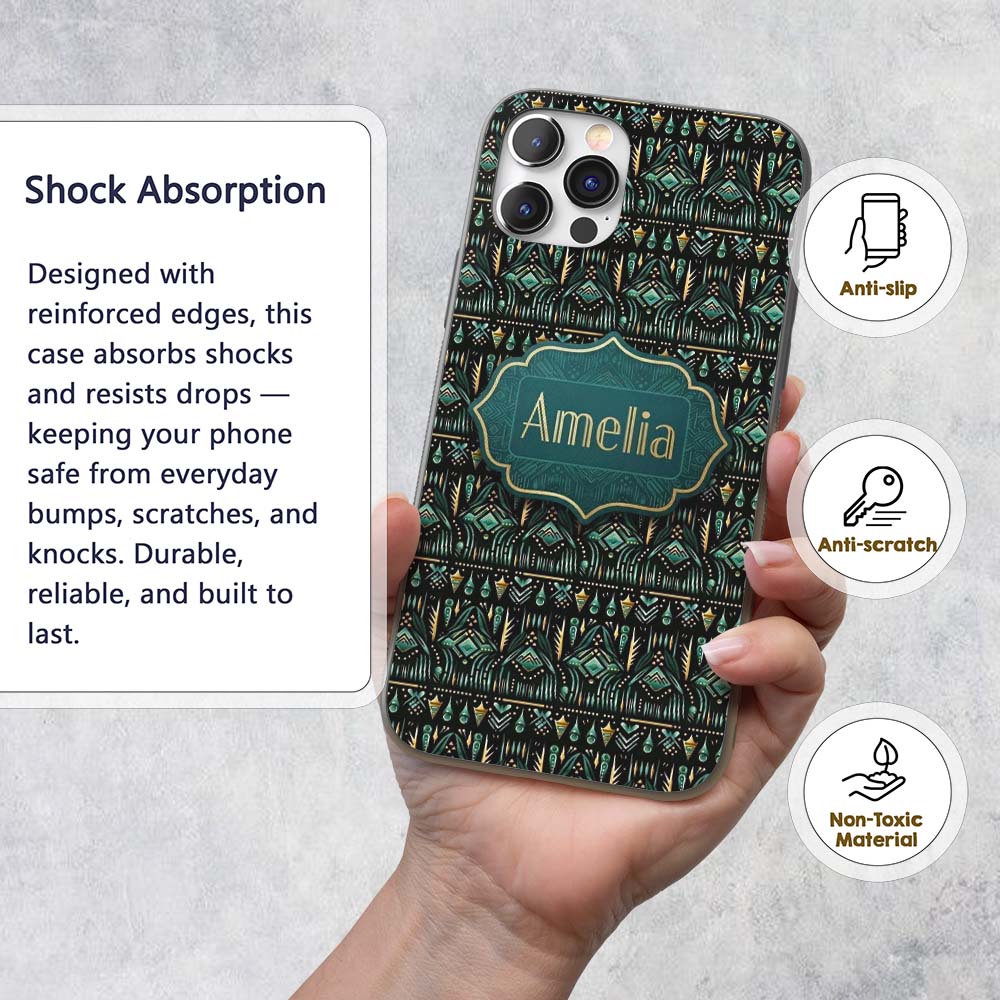 Dark Tribal Geometric Ethnic Pattern in Gold Teal Custom Name Protective Phone Case Mobile Cover Durable Everyday Smartphone Shock Resistant