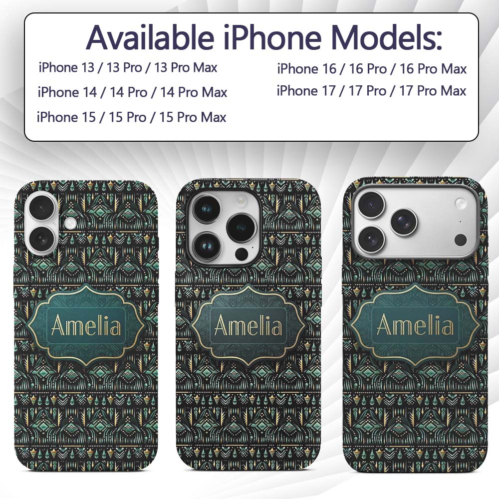 Dark Tribal Geometric Ethnic Pattern in Gold Teal Custom Name Protective Phone Case Mobile Cover Durable Everyday Smartphone Shock Resistant