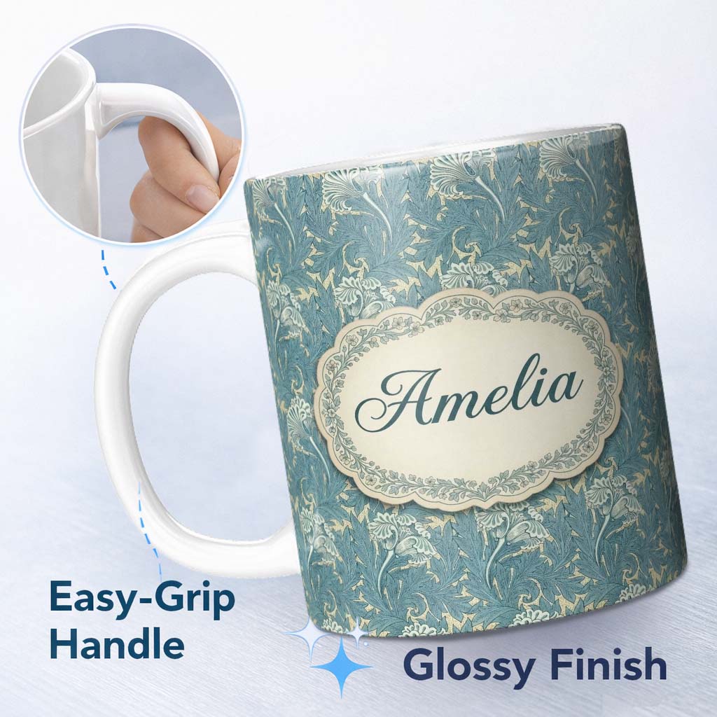 Personalized Custom Name Vintage Botanical Floral Leaf Pattern in Soft Blue Seamless Name 11oz Ceramic Coffee Tea Mug White Large Handle