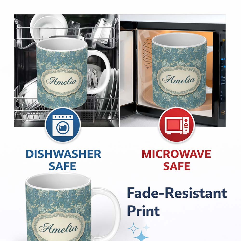 Personalized Custom Name Vintage Botanical Floral Leaf Pattern in Soft Blue Seamless Name 11oz Ceramic Coffee Tea Mug White Large Handle