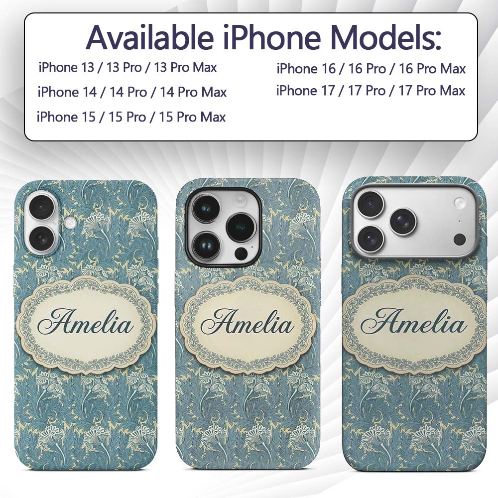 Vintage Botanical Floral Leaf Pattern in Soft Custom Name Protective Phone Case Mobile Cover Durable Everyday Smartphone Shock Resistant