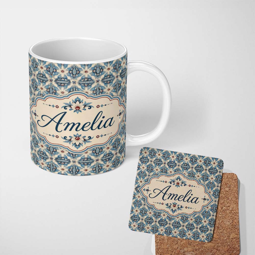 Personalized Custom Name Classic Blue Damask Floral Pattern Elegant Seamless Name Cute 11oz Ceramic Coffee Tea Mug White Large Handle