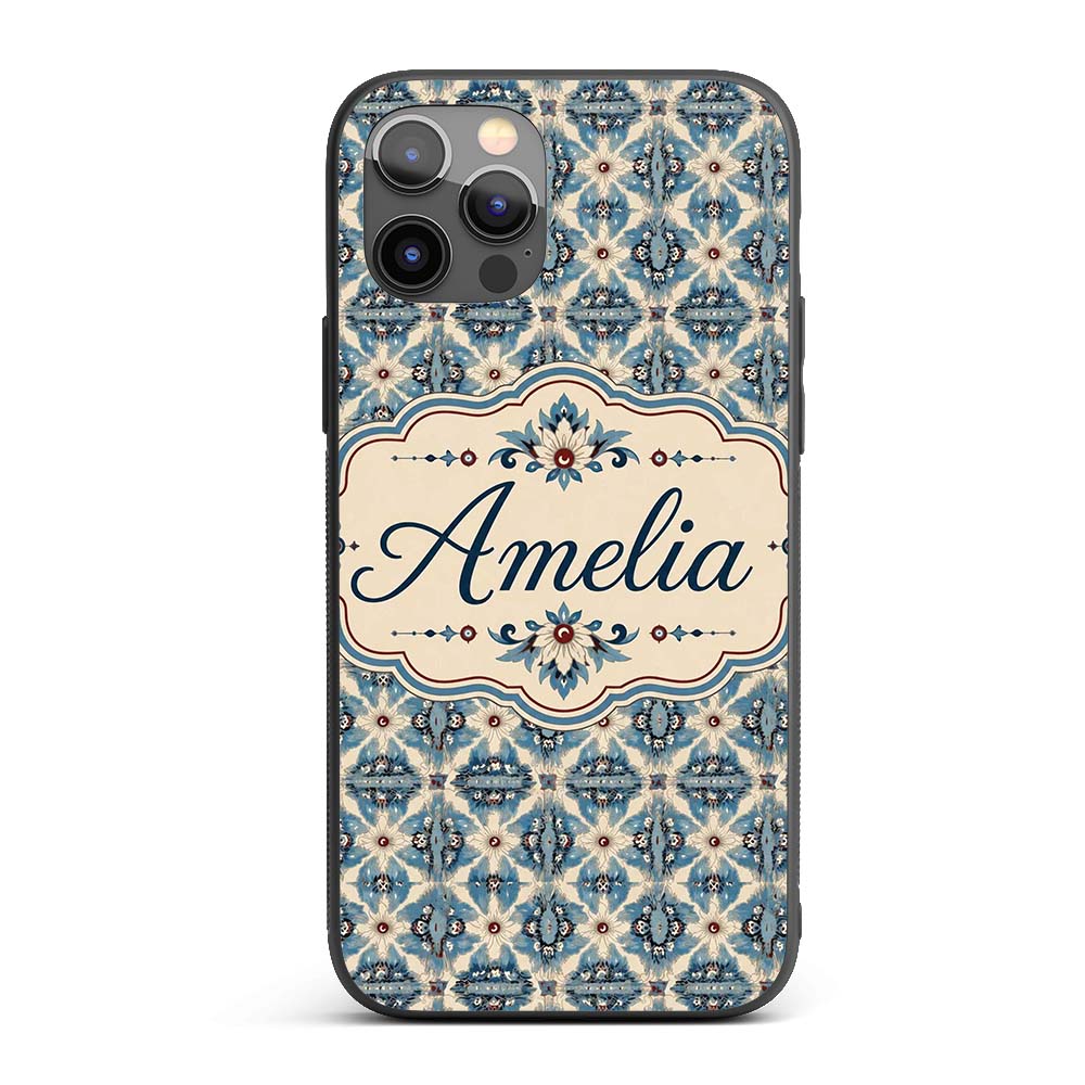 Classic Blue Damask Floral Pattern Printed Design Custom Name Protective Phone Case Mobile Cover Durable Everyday Smartphone Shock Resistant