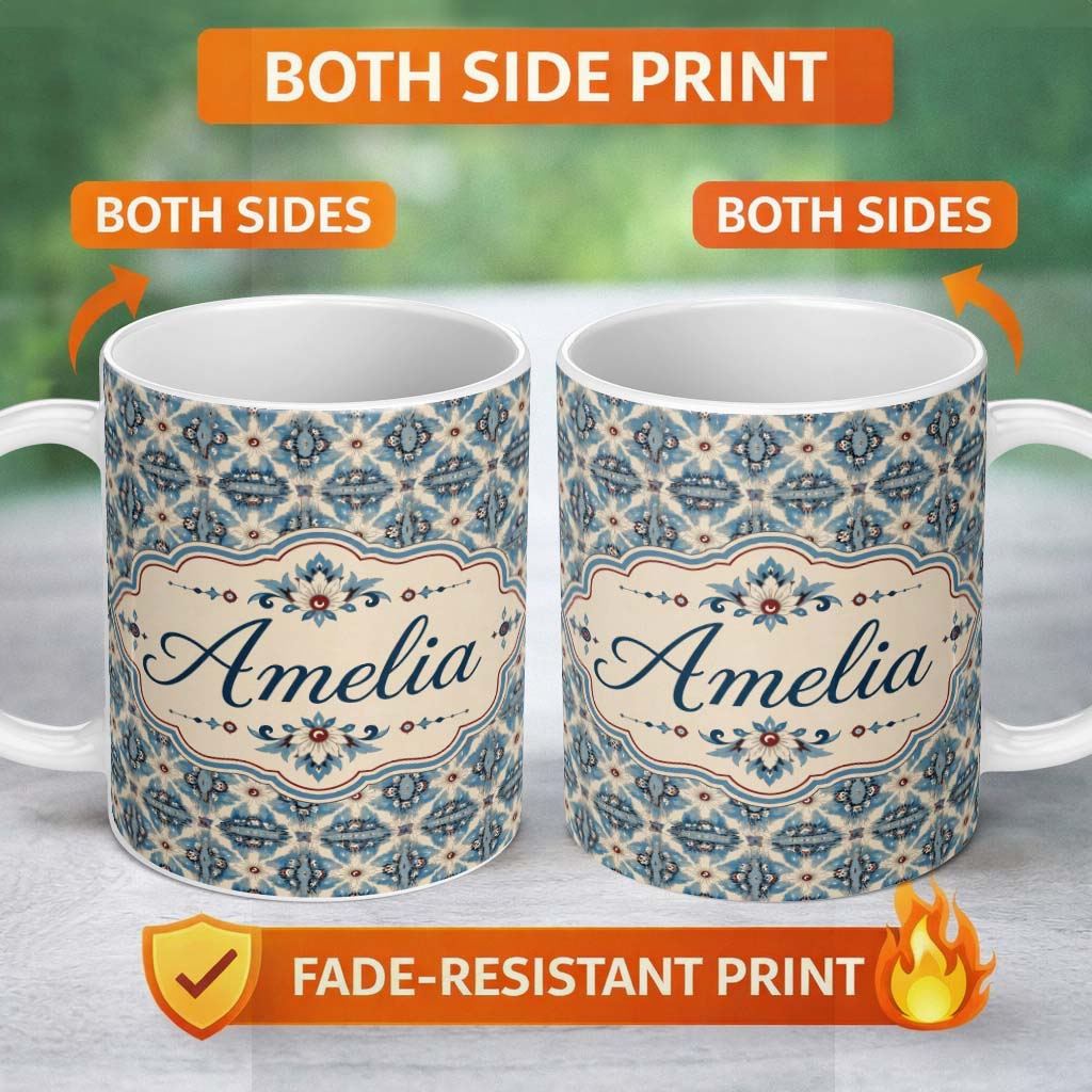 Personalized Custom Name Classic Blue Damask Floral Pattern Elegant Seamless Name Cute 11oz Ceramic Coffee Tea Mug White Large Handle