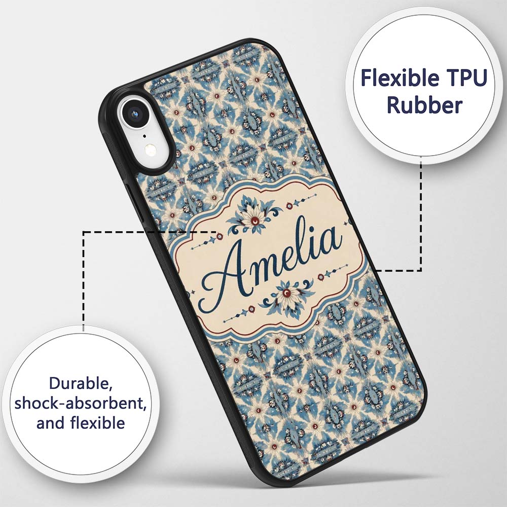 Classic Blue Damask Floral Pattern Printed Design Custom Name Protective Phone Case Mobile Cover Durable Everyday Smartphone Shock Resistant