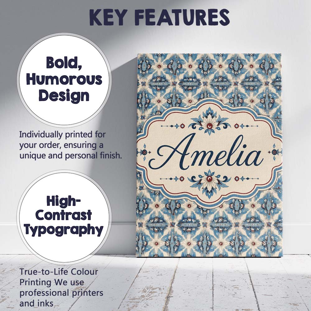 Personalised Name Classic Blue Damask Custom Modern Room Accent Creative Decorator Style Canvas Wall Art Print Decor Picture Ready to Hang