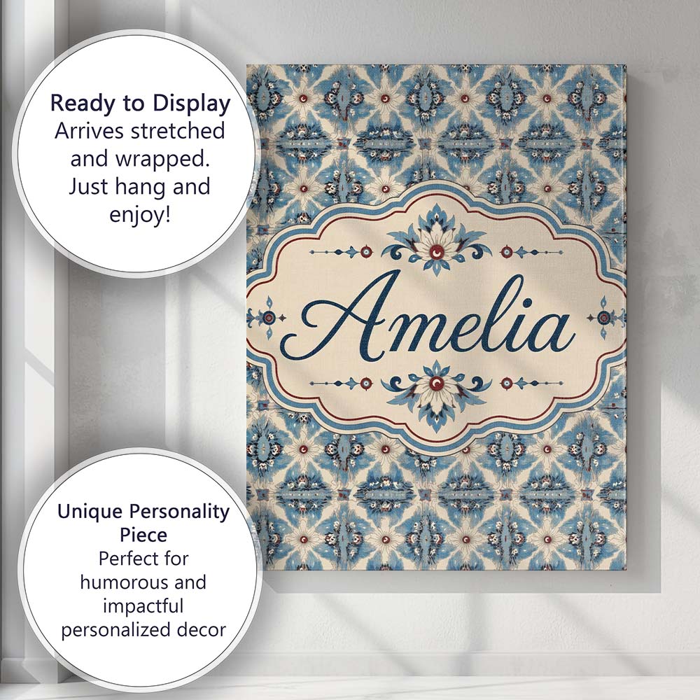Personalised Name Classic Blue Damask Custom Modern Room Accent Creative Decorator Style Canvas Wall Art Print Decor Picture Ready to Hang