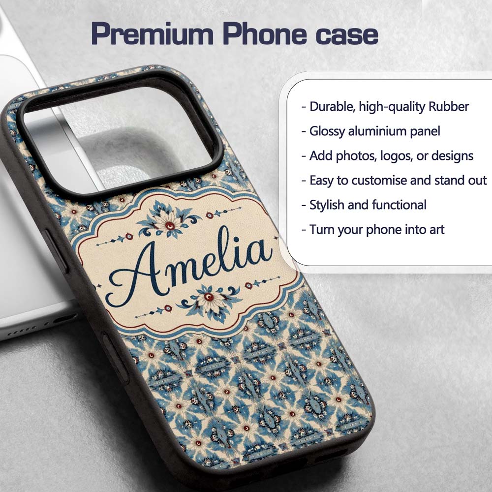 Classic Blue Damask Floral Pattern Printed Design Custom Name Protective Phone Case Mobile Cover Durable Everyday Smartphone Shock Resistant
