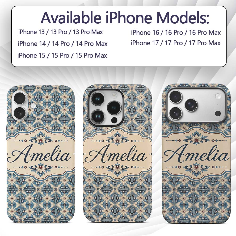 Classic Blue Damask Floral Pattern Printed Design Custom Name Protective Phone Case Mobile Cover Durable Everyday Smartphone Shock Resistant