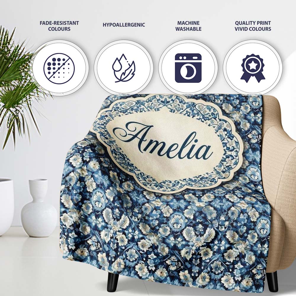 Vintage Ethnic Ikat Diamond Pattern in Blue Seamless Name Cute Personalised Custom Name Super Soft Fleece Blanket Bed Sofa Throw