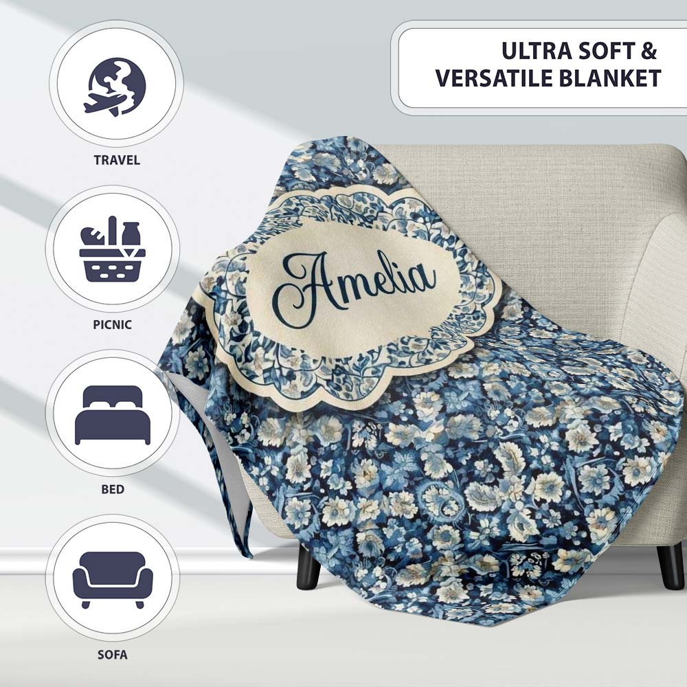 Vintage Ethnic Ikat Diamond Pattern in Blue Seamless Name Cute Personalised Custom Name Super Soft Fleece Blanket Bed Sofa Throw