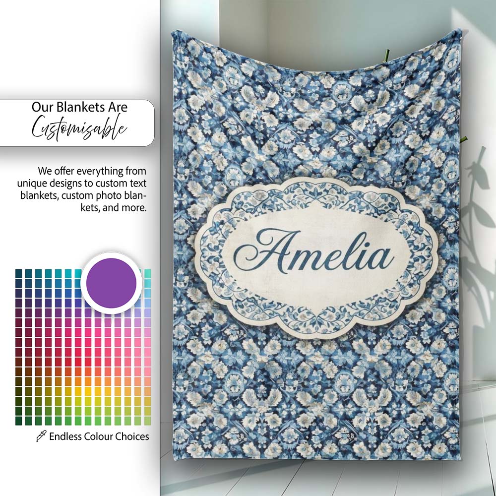 Vintage Ethnic Ikat Diamond Pattern in Blue Seamless Name Cute Personalised Custom Name Super Soft Fleece Blanket Bed Sofa Throw
