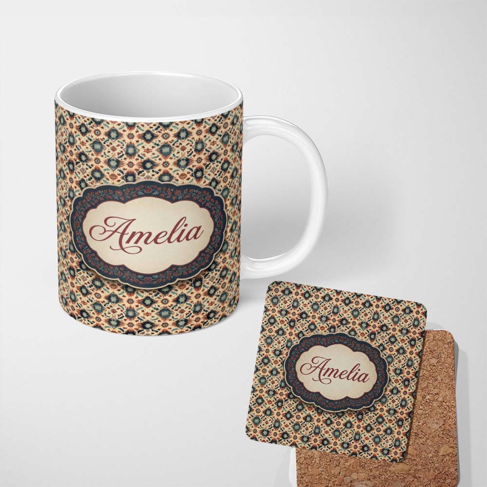Personalized Custom Name Traditional Tribal Geometric Pattern in Earthy Tones Seamless Name 11oz Ceramic Coffee Tea Mug White Large Handle