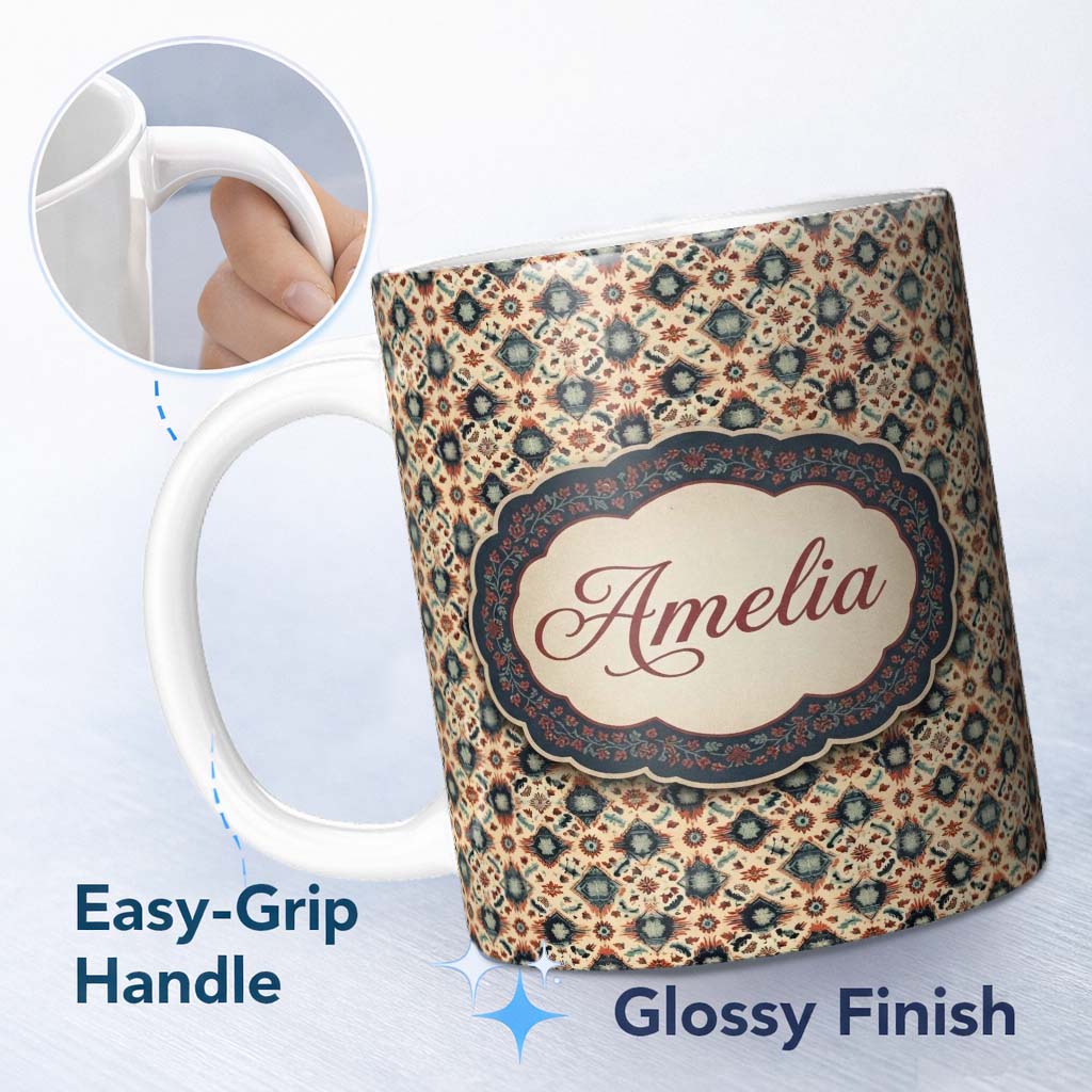 Personalized Custom Name Traditional Tribal Geometric Pattern in Earthy Tones Seamless Name 11oz Ceramic Coffee Tea Mug White Large Handle