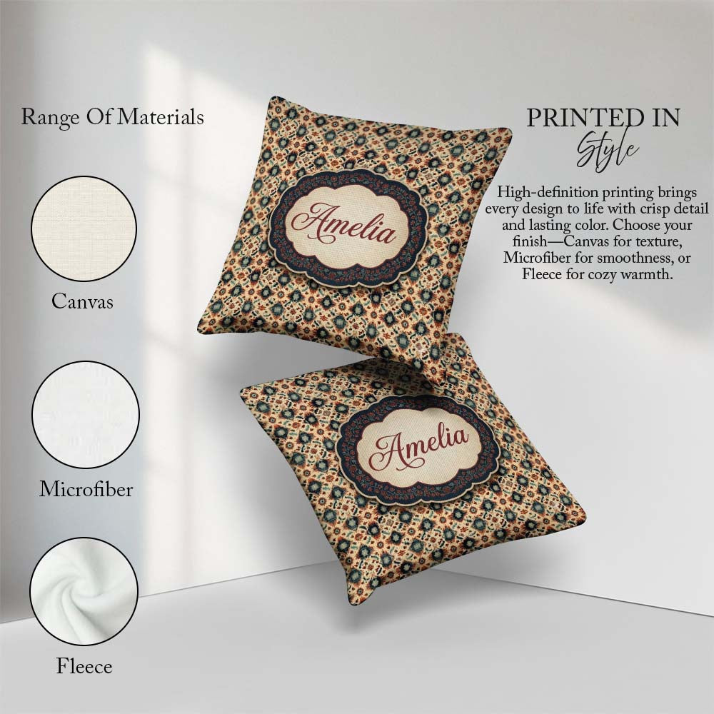 Custom Name Traditional Tribal Geometric Pattern in Earthy Tones Square Filled Cushion Throw Pillow Sofa Bed Home Decor Zip Washable UK Made
