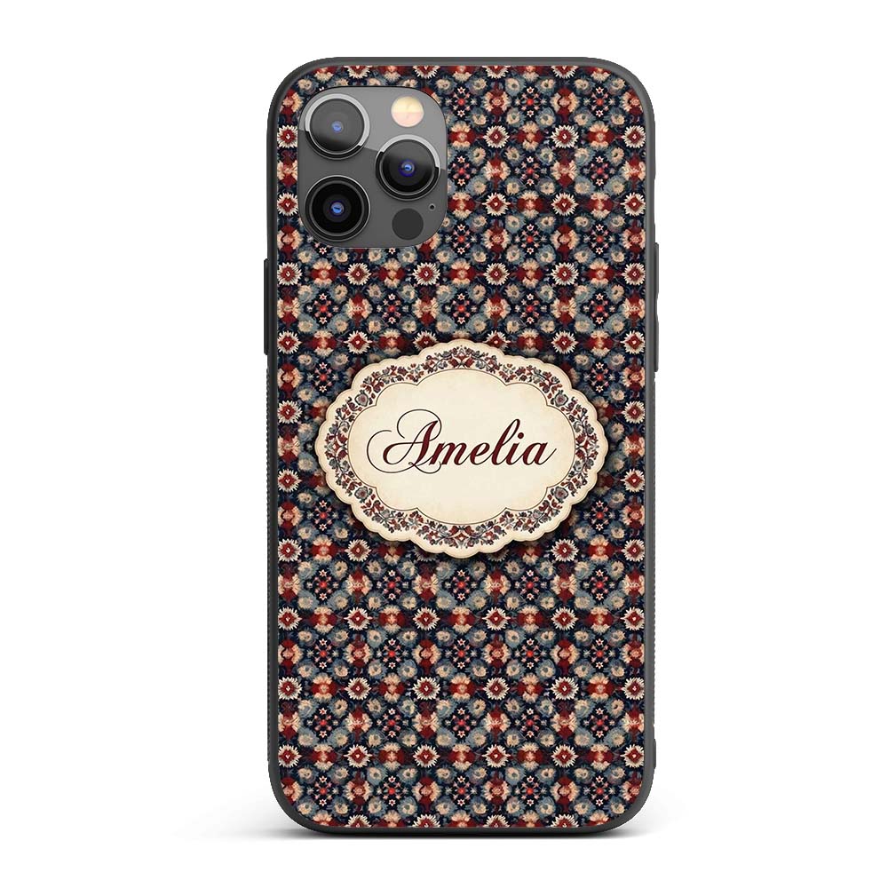 Vintage Floral Medallion Pattern in Red Blue Custom Name Protective Phone Case Mobile Cover Durable Everyday Smartphone Shock Resistant