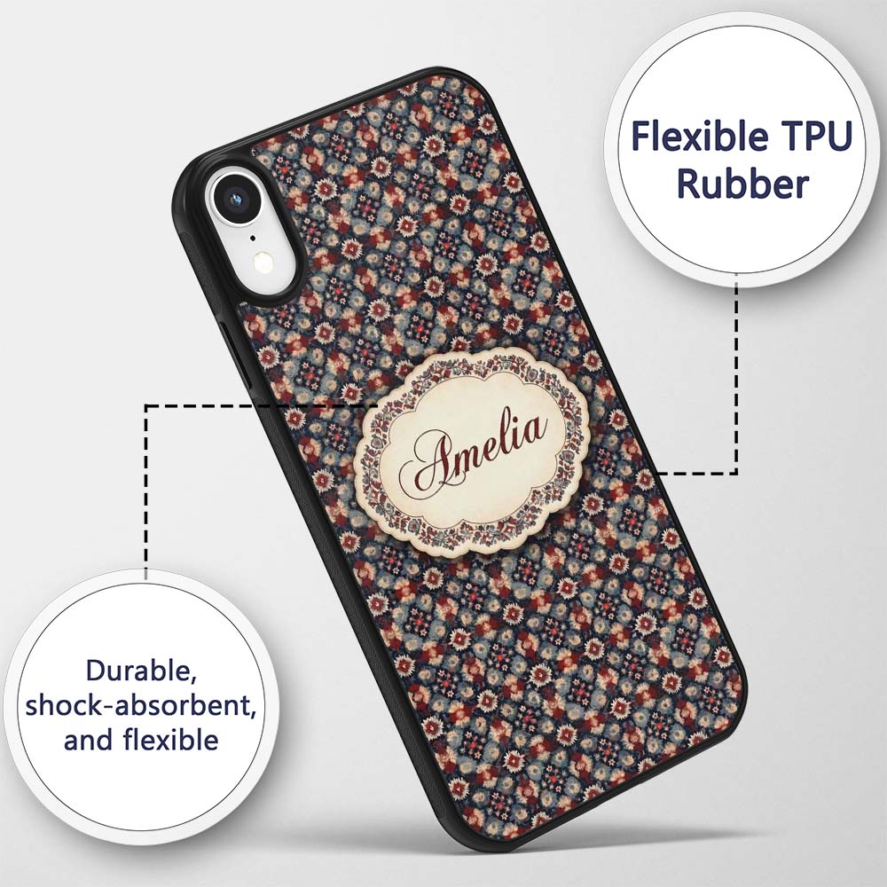Vintage Floral Medallion Pattern in Red Blue Custom Name Protective Phone Case Mobile Cover Durable Everyday Smartphone Shock Resistant
