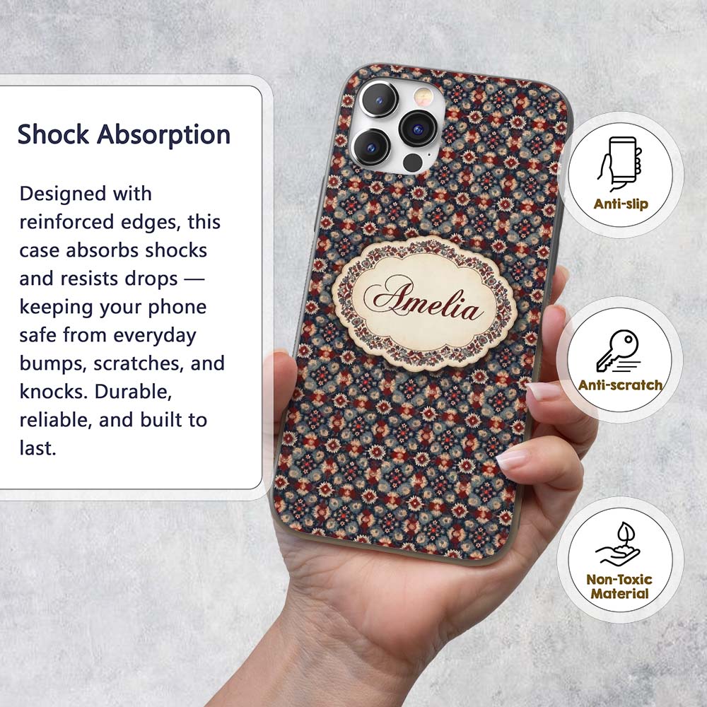 Vintage Floral Medallion Pattern in Red Blue Custom Name Protective Phone Case Mobile Cover Durable Everyday Smartphone Shock Resistant