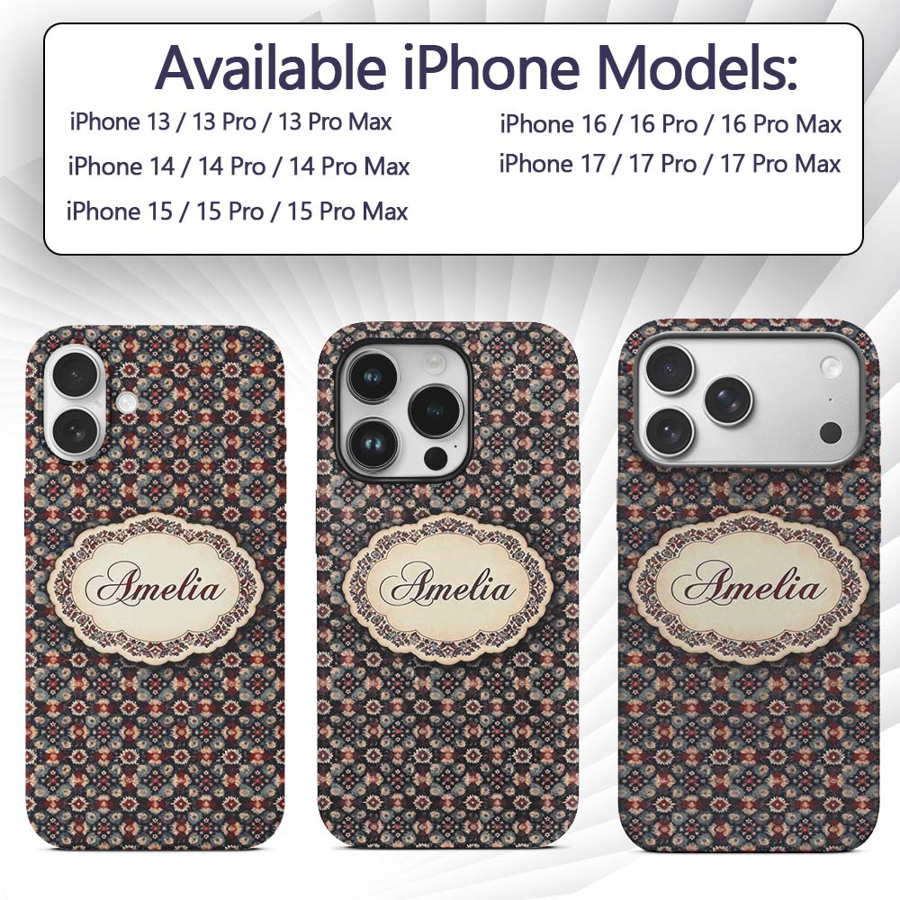 Vintage Floral Medallion Pattern in Red Blue Custom Name Protective Phone Case Mobile Cover Durable Everyday Smartphone Shock Resistant