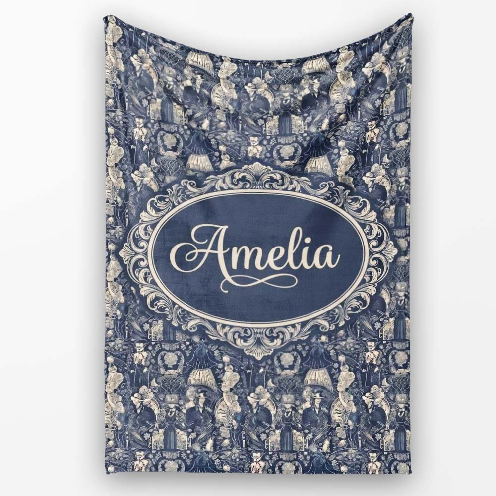Victorian Ladies and Gentlemen Toile Pattern in Navy Seamless Name Personalised Custom Name Super Soft Fleece Blanket Bed Sofa Throw