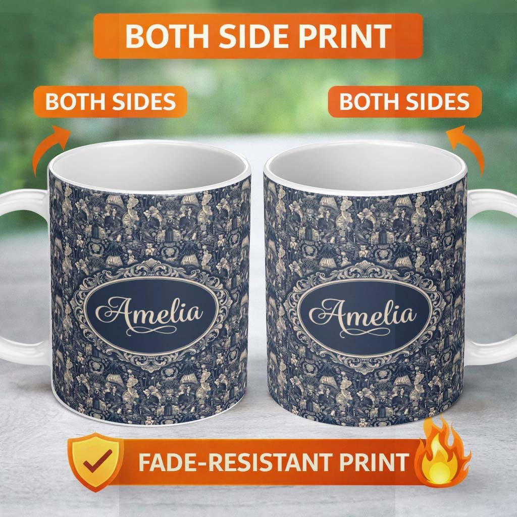 Personalized Custom Name Victorian Ladies and Gentlemen Toile Pattern in Navy Seamless Name 11oz Ceramic Coffee Tea Mug White Large Handle