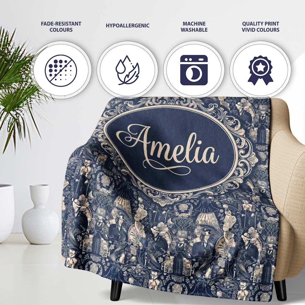 Victorian Ladies and Gentlemen Toile Pattern in Navy Seamless Name Personalised Custom Name Super Soft Fleece Blanket Bed Sofa Throw