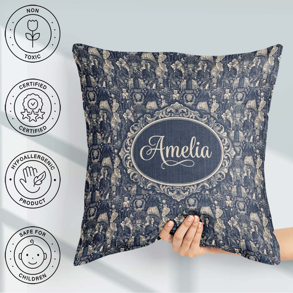 Custom Name Victorian Ladies and Gentlemen Toile Pattern in Navy Square Filled Cushion Throw Pillow Sofa Bed Home Decor Zip Washable UK Made
