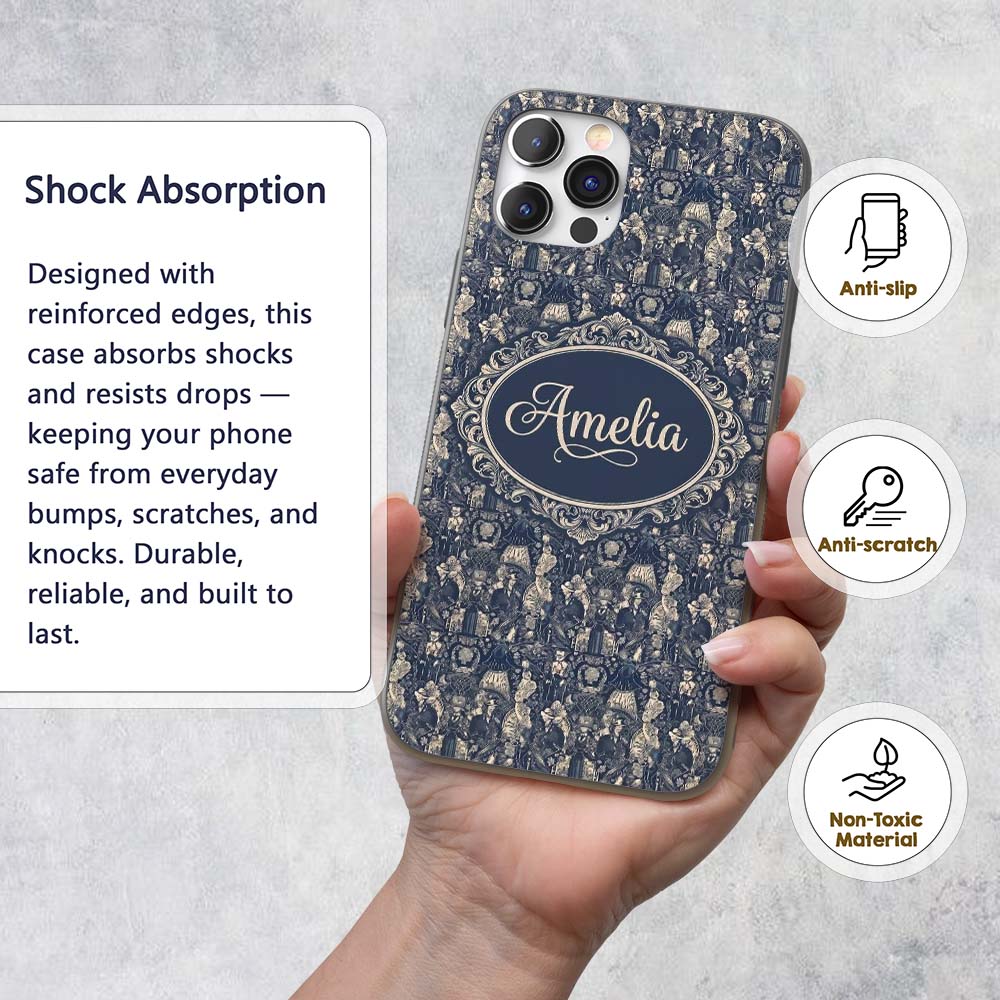 Victorian Ladies and Gentlemen Toile Pattern in Custom Name Protective Phone Case Mobile Cover Durable Everyday Smartphone Shock Resistant