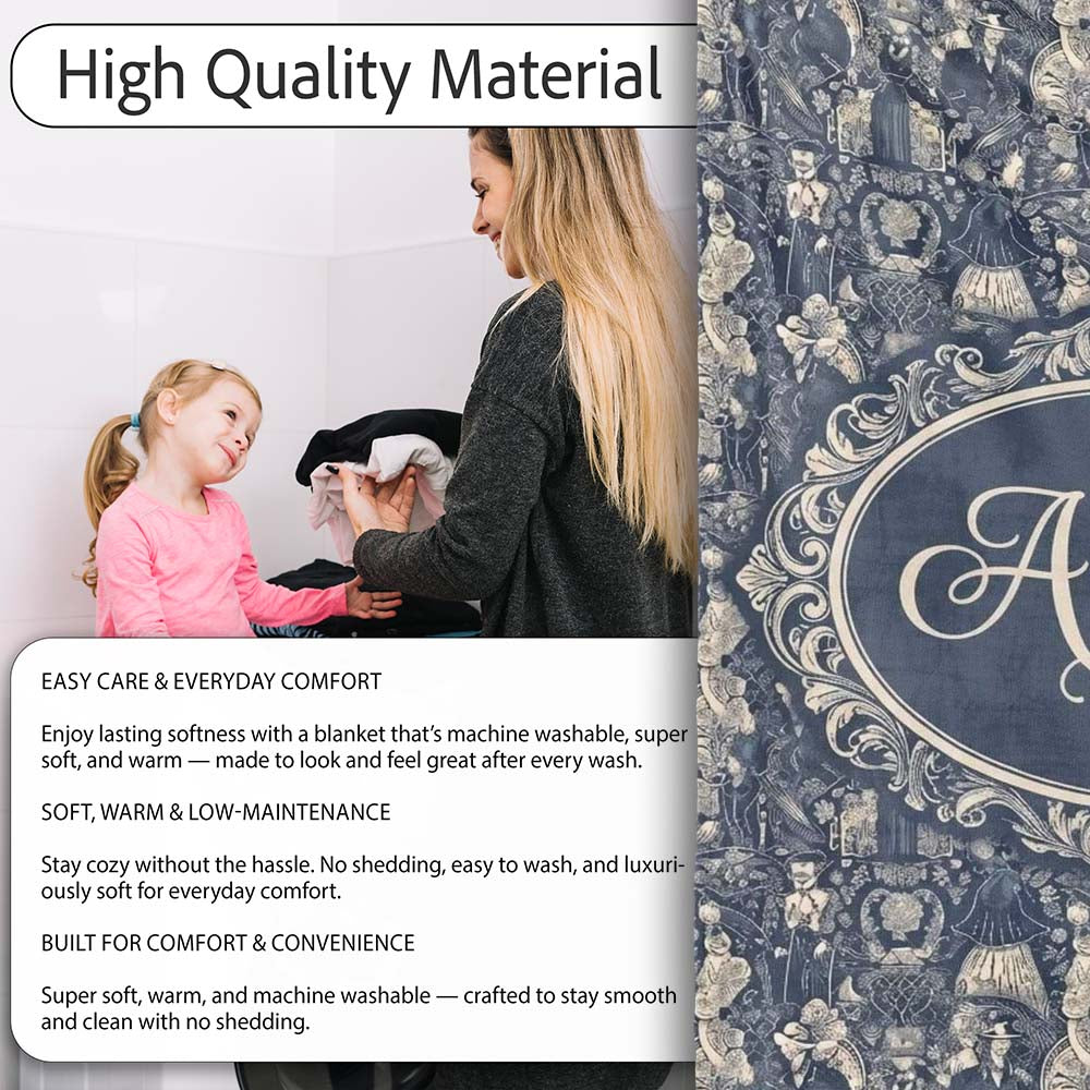 Victorian Ladies and Gentlemen Toile Pattern in Navy Seamless Name Personalised Custom Name Super Soft Fleece Blanket Bed Sofa Throw