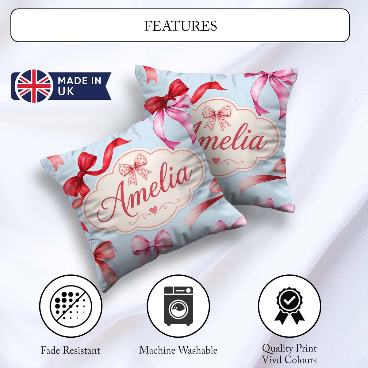 Custom Name Watercolor Ribbon Bow Seamless Pattern on Soft Blue Square Filled Cushion Throw Pillow Sofa Bed Home Decor Zip Washable UK Made